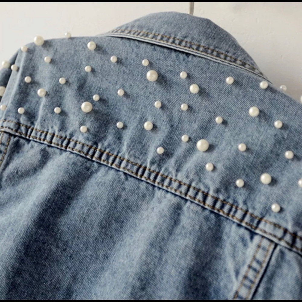 80’s Inspired Embellished Pearl Denim Jacket - Picture 4 of 5